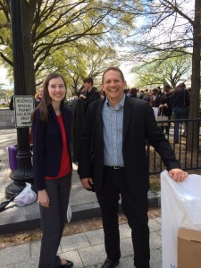 Olivia Thomas and Mark German from E-Line Media line up outside the White House with everything that they'll need to set up Olivia's table.