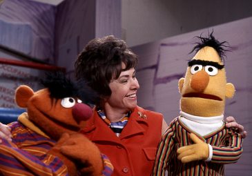 Joan Ganz Cooney with Bert and Ernie, 1969