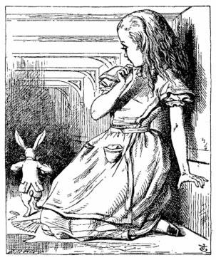 Alt Text: A young girl in a dress crouches and looks at a rabbit in a coat running away through a hallway with arched ceilings.